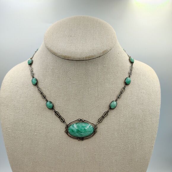 Vintage Sterling Silver 925 Green Pekin Glass Art Deco Necklace 16" - Picture 7 of 16